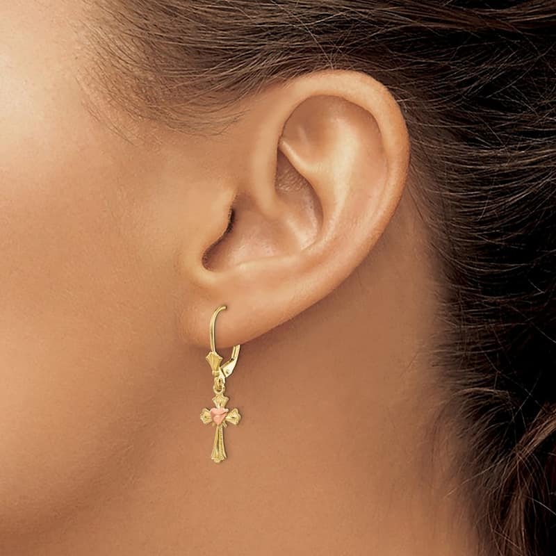 Curata 14k Two Tone Dangle Gold Heart Cross Leverback Earrings 32x9mm