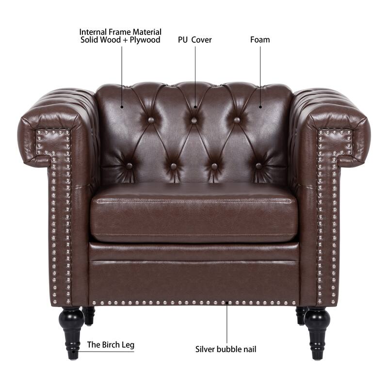 Brown PU Modern 38.98" Upholstered Buttons Tufted Accent Chair with Gourd Shaped Birch Legs and Nailheads