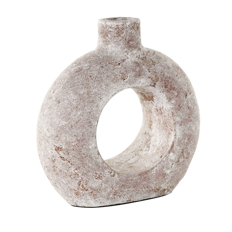 Cream Ceramic Antique Style Textured Circle Donut Decorative Vase