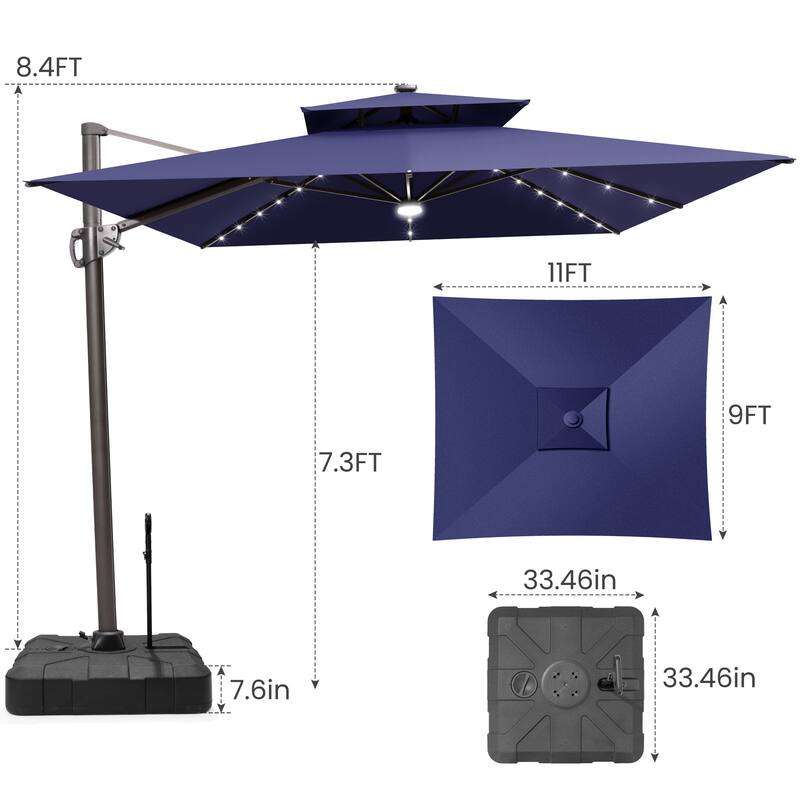 9 x11 FT Outdoor Double Top LED Lighted Patio Cantilever Umbrella with Weighted Base