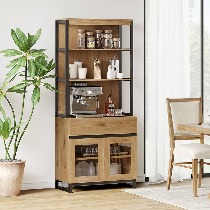 Modern 72" Tall Bookcase with Drawer and Open Book Shelfs for Home Office, Living room. - 7'9" x 9'9" - Oak
