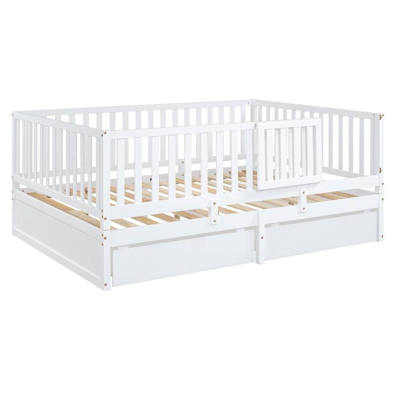 Solid Wood Daybed with Fence Guardrails and 2 Drawers, Split into Independent for Bedroom