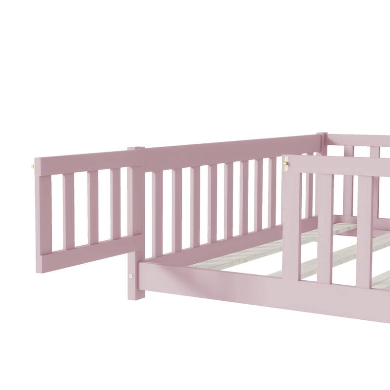 Pink Rubber Wood Full Size Floor Bed with Safety Fence and Door for Kids