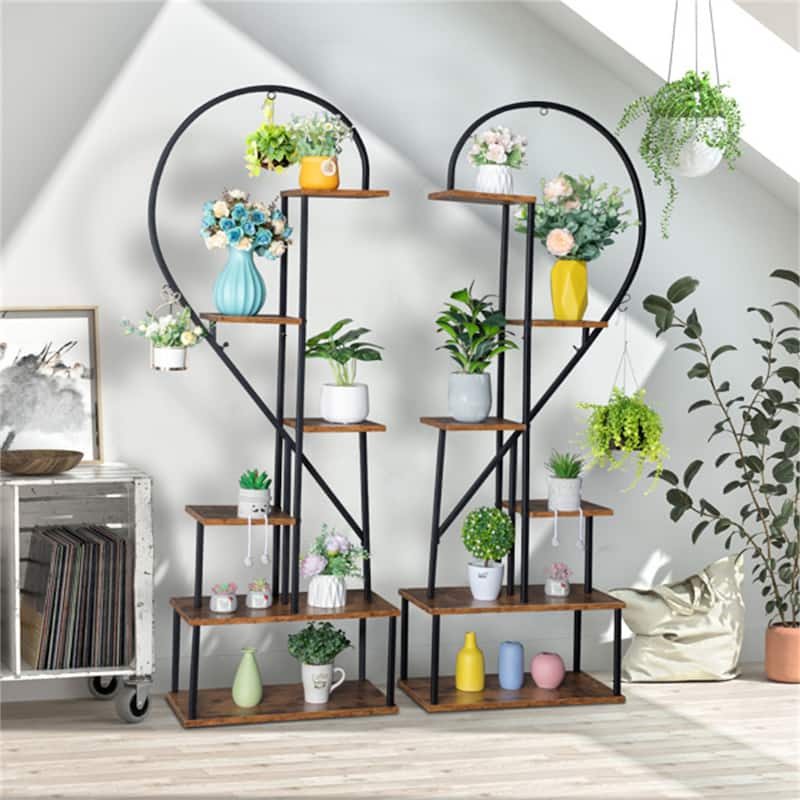 2pcs 6 Layers Half Heart Iron Wood Plant Stand Flower Pot Stand