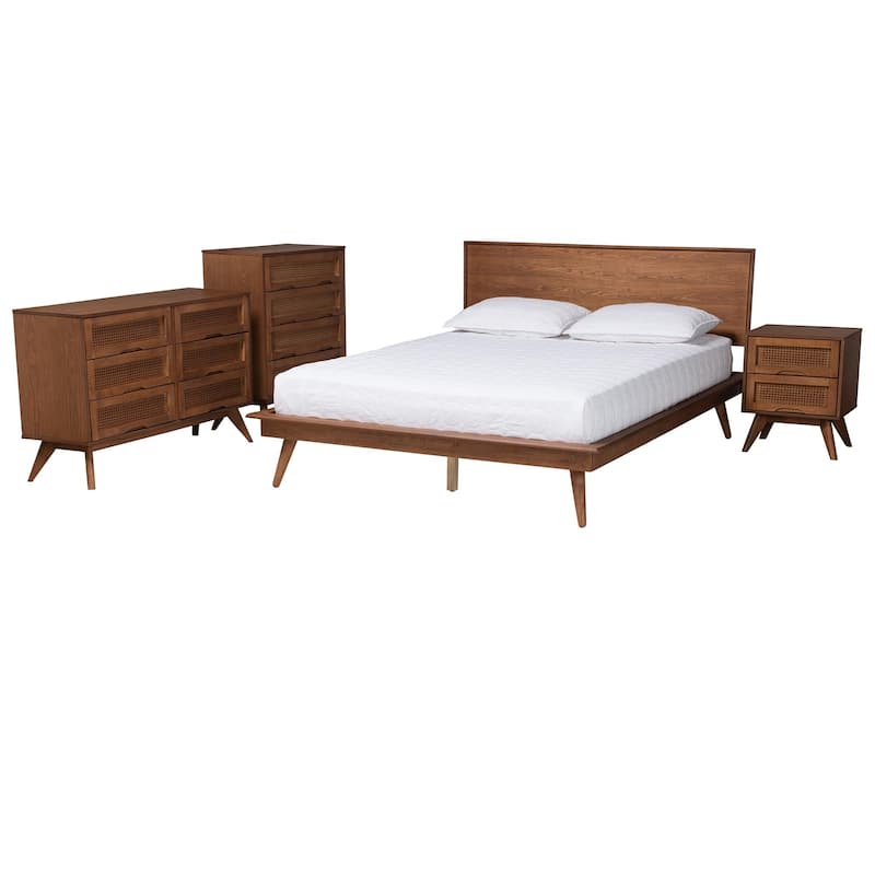 Melora Mid-Century Modern Walnut Brown Finished Wood and Rattan 3-Piece/4-Piece/5-Piece Bedroom Set (Multiple Bed Sizes) - King - 4 Piece