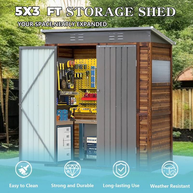3x5FT Iron-Wood Combination Tool Shed, Stylish Cedarwood with Waterproof Paint, Dark Gray Iron Doors and Roof