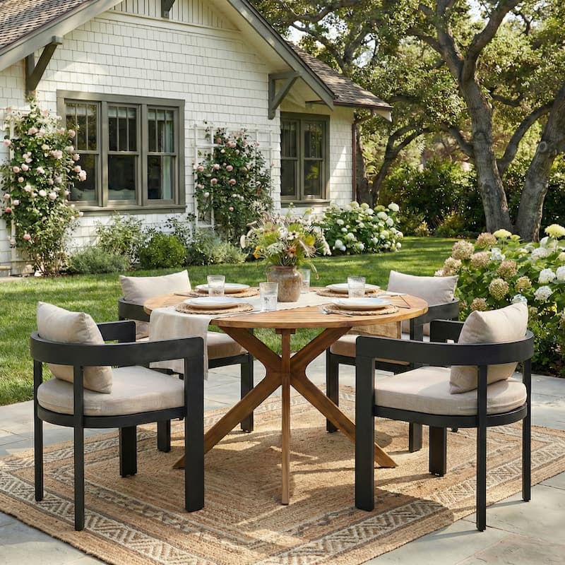 Christopher Knight Home - Ardenvale Outdoor Acacia Wood 5-Piece Dining Set with Aluminum Frame Chairs and Cushions - Beige,Dark Gray