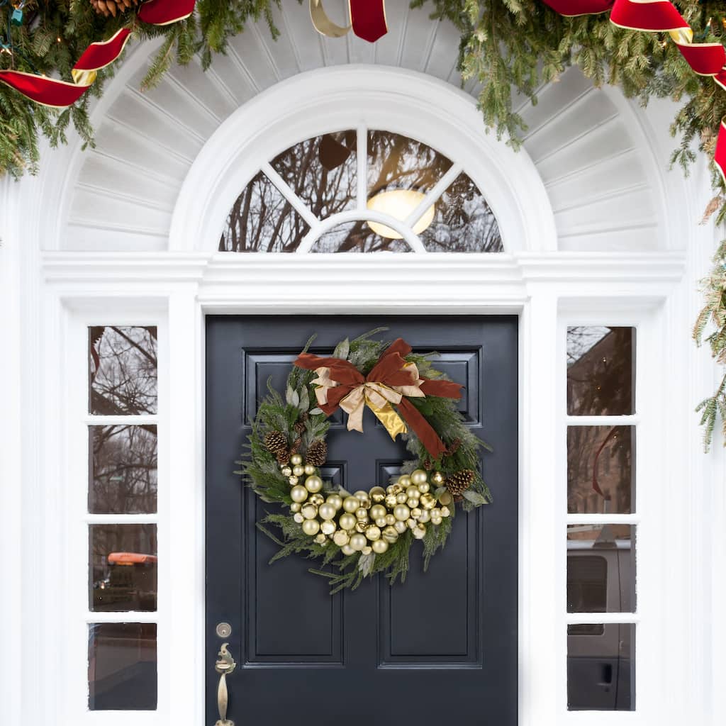 SAFAVIEH Home Faux 34-inch Pine Needle Wreath With Ornaments And Ribbon & Pine Cone