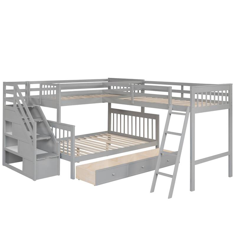 HomeRoots Gray Twin Over Full L Shaped Solid Wood Bunk Bed With Stairs Drawers And Storage