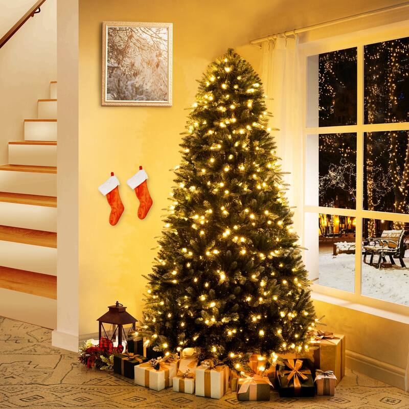 PE & PVC White-Tip Pre-Lit Christmas Tree with Warm Lights , Natural Look with Fluffy Branches
