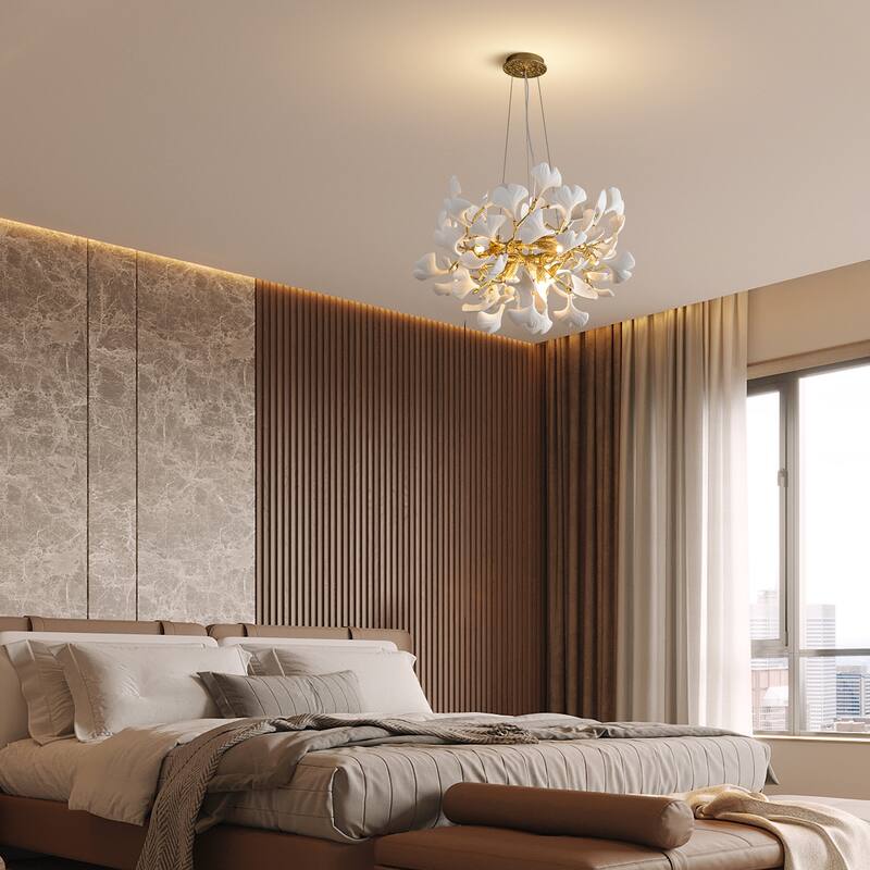 Modern Ginkgo Leaf Ceramic Chandelier, Moon Ring Round Pendant Light, D550-D1200, Gold Finish