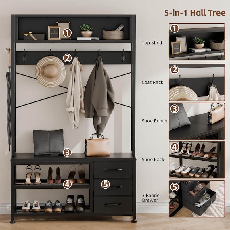 5-in-1Hall Tree Entryway Shoe Rack with 7 Hooks& 3 Drawers