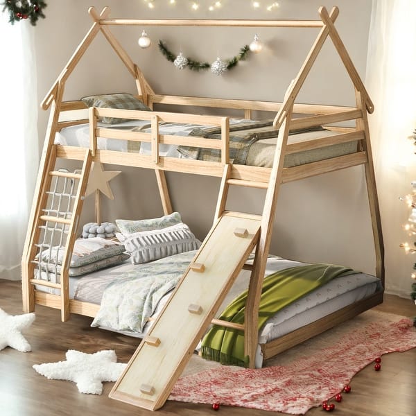 slide 2 of 23, Playful Design Twin over Queen House Bunk Bed House Bed Kids Bed Natural