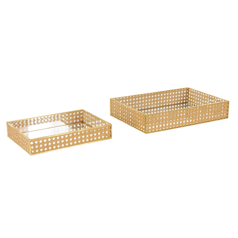 Brown Rattan Woven Living Room Decor Tray with Mirrored Glass Interior (Set of 2)