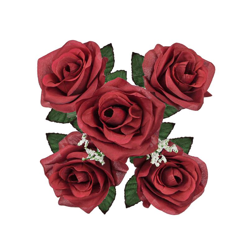 Set of 12 Burgundy Artificial Open Rose Flower Stem Bush Bouquet 14in - 14" L x 7" W x 7" DP