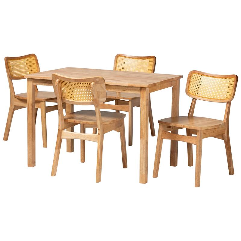 Dulcet Mid-Century Oak Brown Finished Wood and Rattan 5-Piece Dining Set