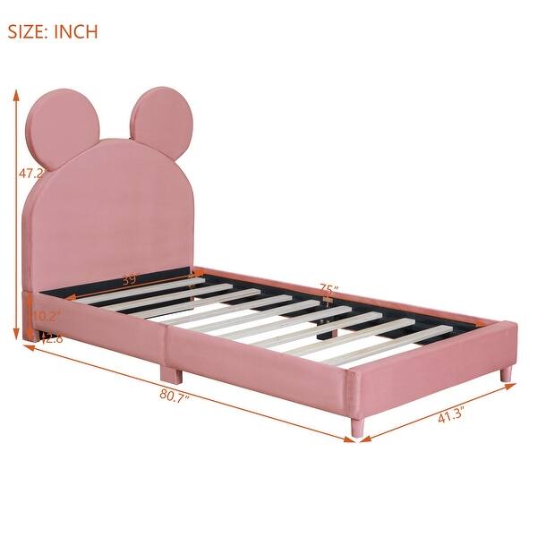 dimension image slide 1 of 3, Twin Platform Bed with Bear Ear Design - Velvet Upholstery, Durable Wood Frame, Lively Colors for Kids' Bedrooms