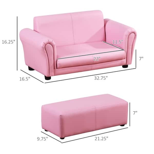 dimension image slide 0 of 3, Two-seater Kids Sofa Set with Footstool - 32.75" L x 16.5" W x 16.25" H