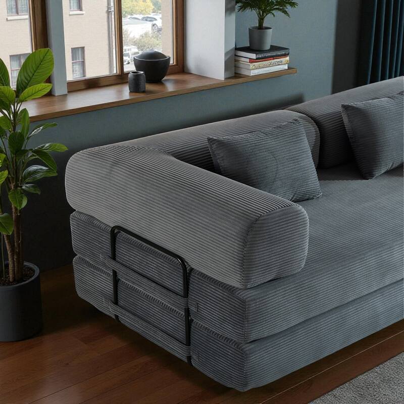 Convertible Corduroy Sleeper Sofa Bed, 4-in-1 Folding Mattress Couch with Cylindrical Pillow & Fixed-Shape Frame, No-Assembly