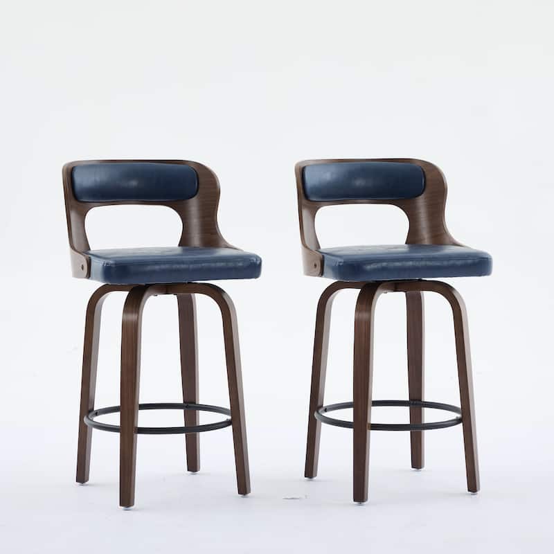 SEYNAR PU Leather 360 Degree Swivel Open Back Bar Stools Wood Legs Set of 4