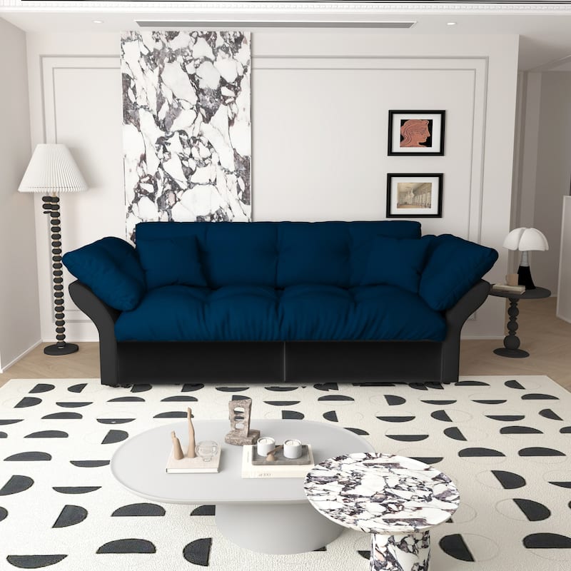 74.8" Queen Pull Velvet Out Sofa Bed, 3-in-1 Convertible Sleeper Tufted Sofa with 2 Soft Pillows-Blue