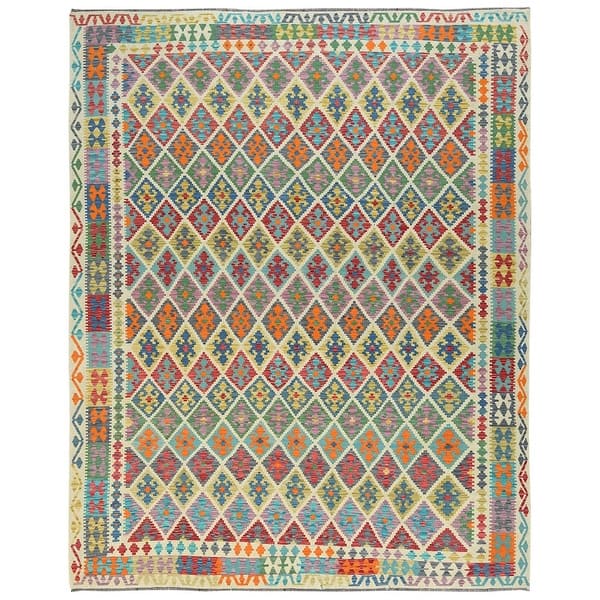 slide 2 of 6, Shahbanu Rugs Colorful Veggie Dyes Shiny Wool Hand Woven Afghan Kilim Geometric Design Flat Weave Reversible Rug (10'2" x 12'9")