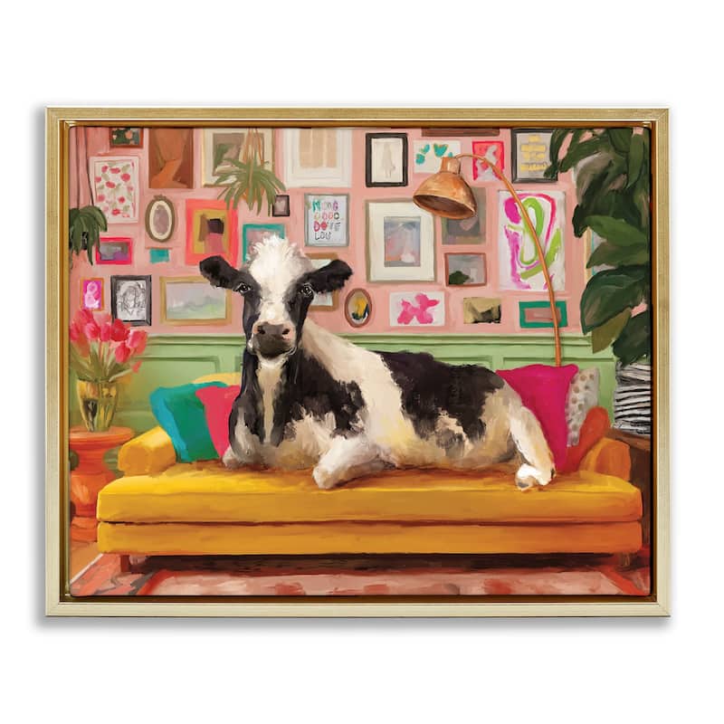 Stupell Cow in Whimsical Maximalist House Framed Floater Canvas Wall Art Design By Kamdon Kreations - 31 x 25 - Gold