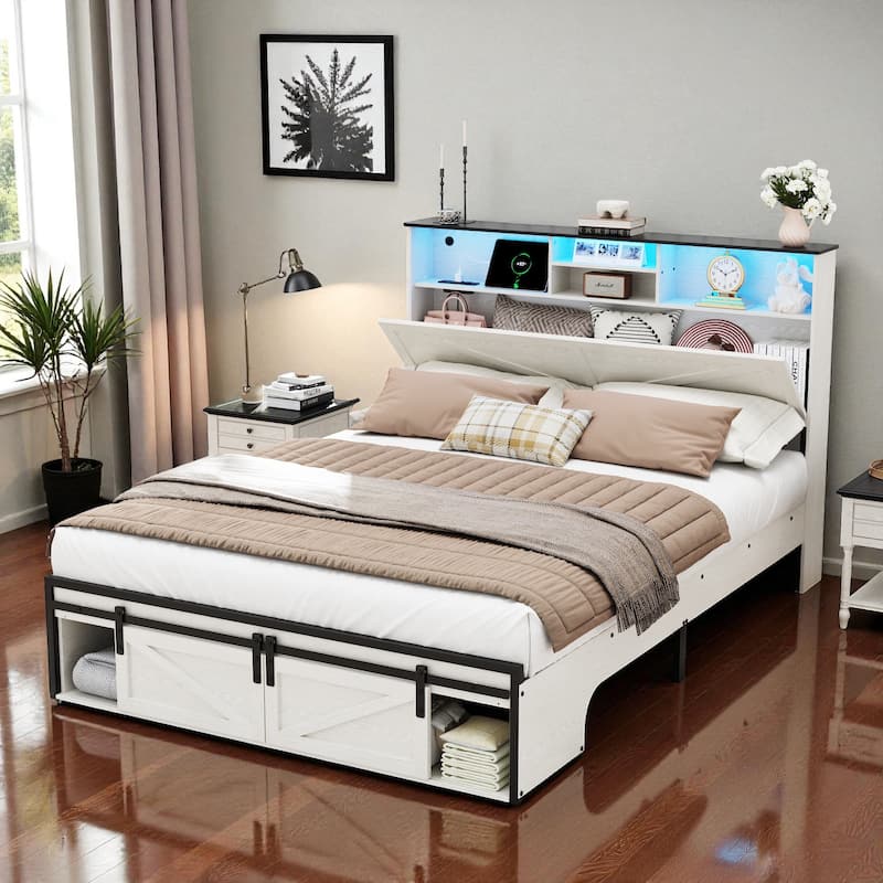Farmhouse Full/Queen Bed Frame with Storage Headboard, Charging Station and RGB LED Lights, MDF and Steel Platform Bed