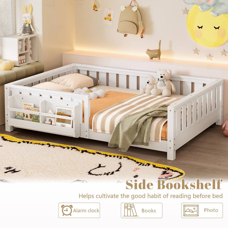 Montessori Floor Bed Low Profile Kids Bed with Rails & Bookshelf