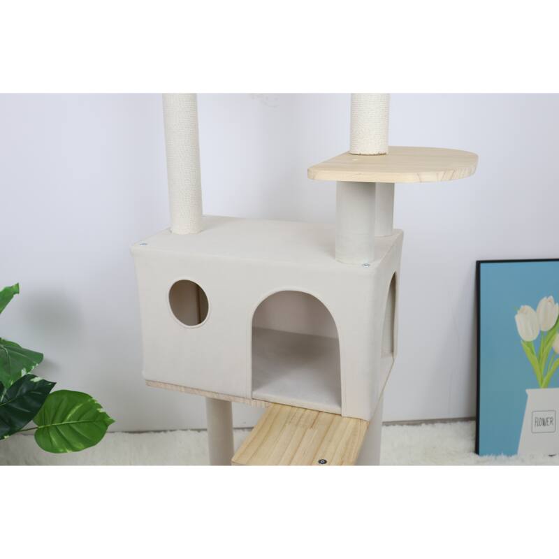 Wood Cat Tree With Large Condo Wood Ladder And Transparent Spacecraft 165cm