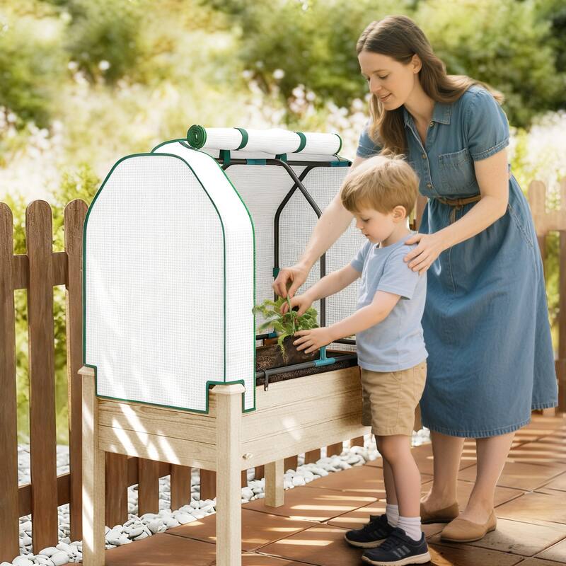 Outsunny Raised Garden Bed with PE Greenhouse Cover Outdoor Elevated Wood Planter Box , 35 x 22 x 47 inch