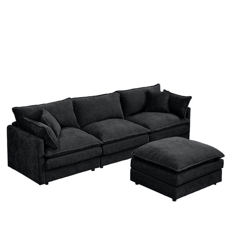 L Shaped Modular Sectional Sofa with Ottoman, Comfy Chenille Upholstered Cloud Couch, 4-Seat Deep Seat Sofa with Pillow