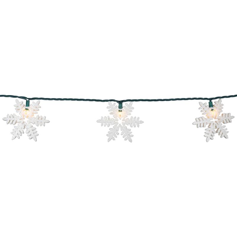10-Count White Glittered Snowflake Christmas Light Set, 6ft Green Wire