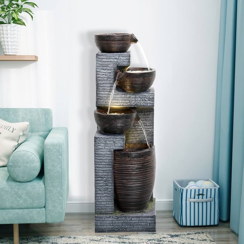 5-Tier Outdoor Fountain Floor Standing Cascading Fountain w/LED Lights