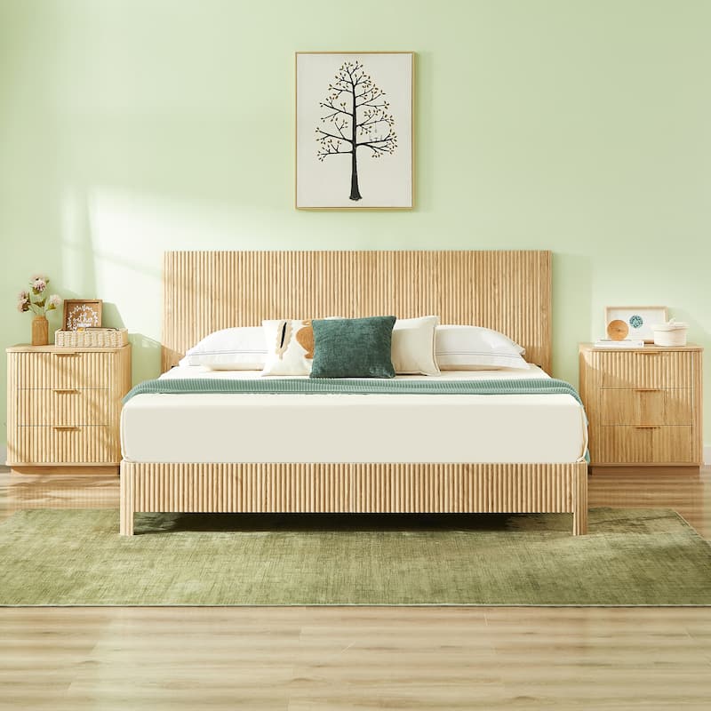 Low Profile Platform Bed, Wooden Corrugated Curved Lines Headboard Wingback Bed, Metal Slat Support Bed Frame - Oak - King