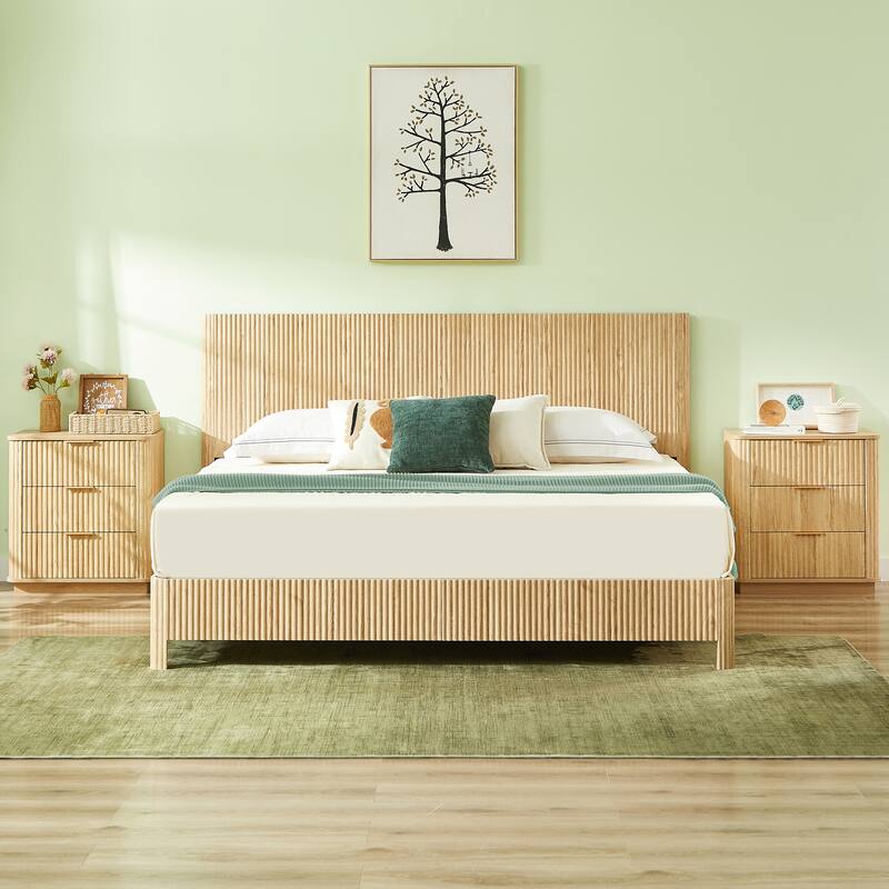 Wooden Corrugated Bed Frame Contemporary Rustic Platform Bed with 44.5" High Headboard/Metal Tubes Support/No Box Spring Needed