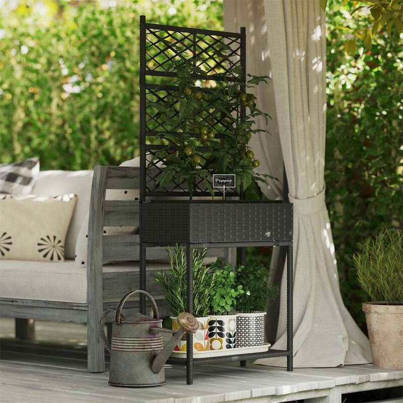 Outdoor Raised Garden Bed Rattan Plant Stand with Trellis and Storage Shelf for Herbs or Flowers - 21.7" L x 10.2" W x 52.4" H