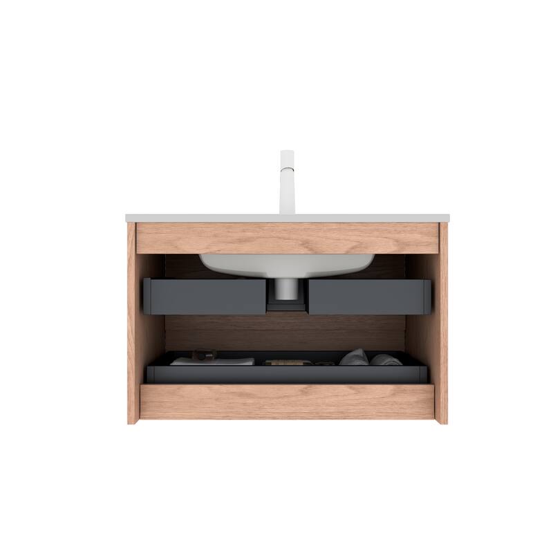 Modern 30" Floating Bathroom Vanity, White Ceramic Basin, Plywood Cabinet with 2 Drawers and Sink Hole Cover