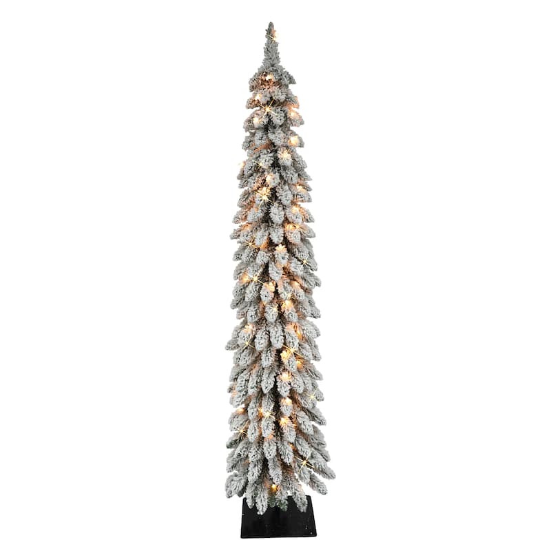 Puleo International Pre-Lit 5' Flocked Pencil Alpine Artificial Christmas Tree