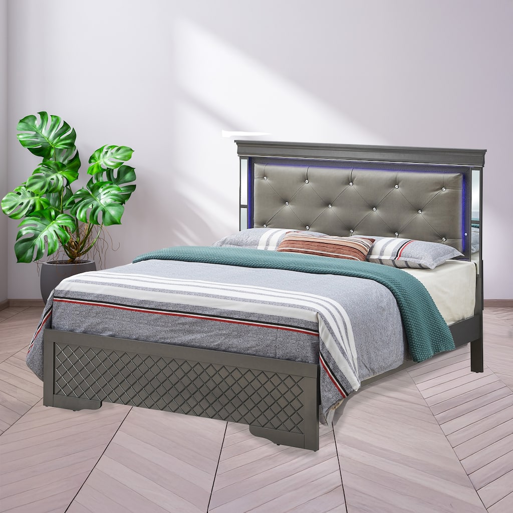 Jewel Tufted Upholstered Mirrored Panel Queen Bed with LED Light - 85" - Black