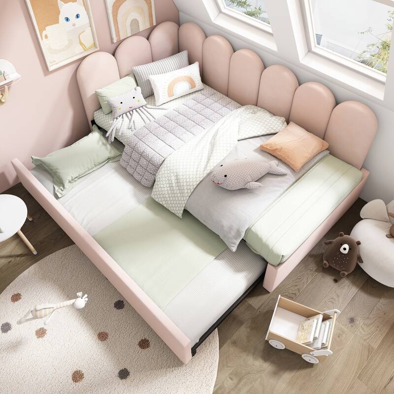 L Shape Daybed Twin Size Upholstered Platform Bed with Trundle, Interchangeable Side Panels and Metal Slatted Frame - Pink - Twin