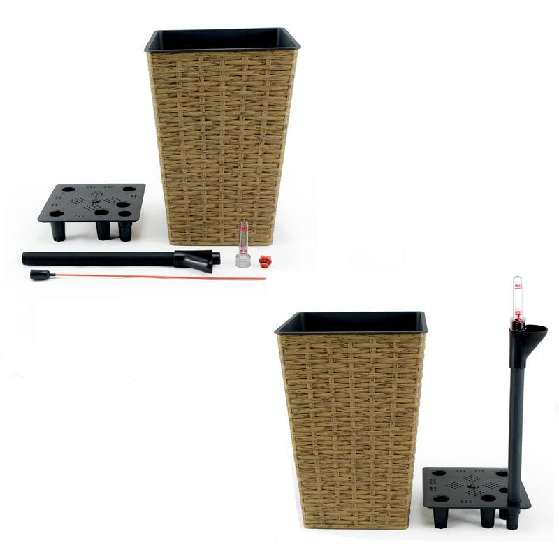 Medium 9 in. & 7 in. Smart Self-Watering Square Planter with Water Level Indicator - Hand Woven Wicker (2-Pack)