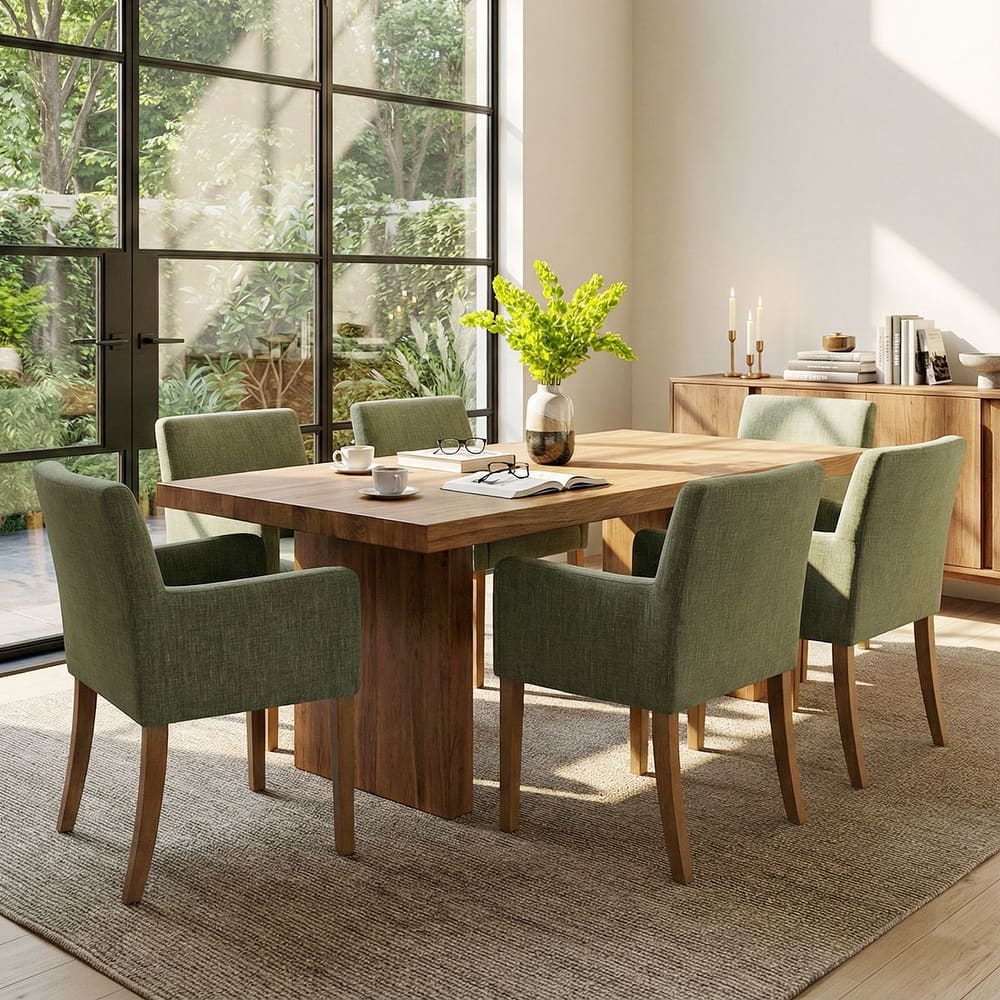 Linen Upholstered Armchairs with Wide Seat, High Back and Solid Wood Legs, Set of 6