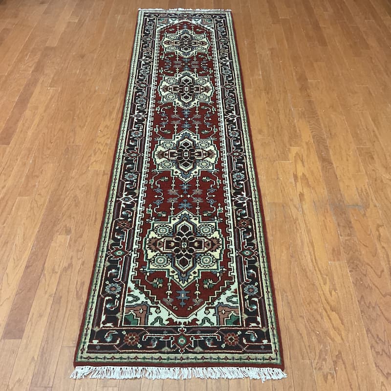 HERAT ORIENTAL Handmade Indo Serapi Wool Runner - 2'6" x 10' - Red/Navy