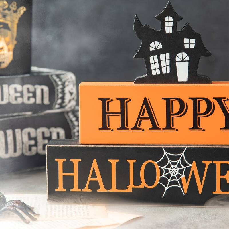 Glitzhome 11.75"H Halloween Wooden Ghost Haunted House Block Word Sign Table Decor