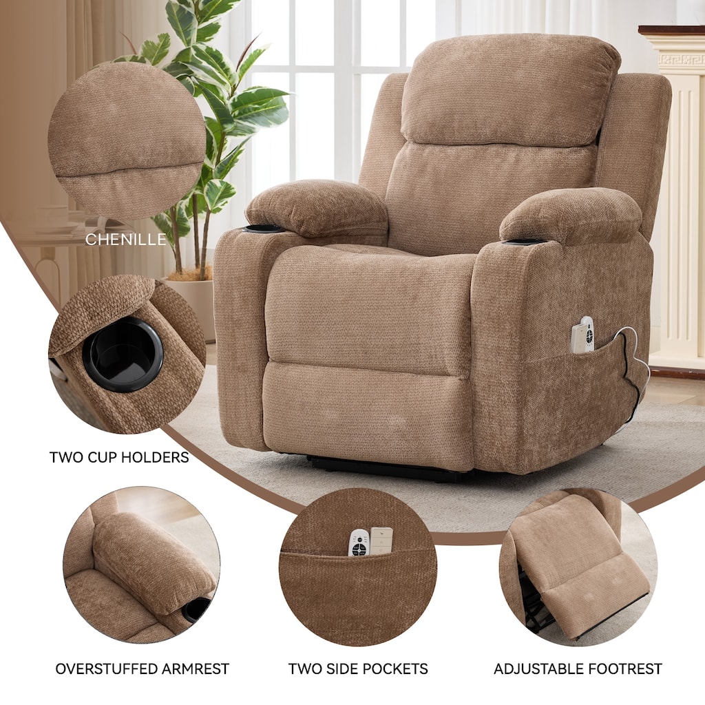 Chenille Power Lift Recliner Chair, Heavy Duty Recliner Chair with Heat & Massage, Lounge Chair with USB Ports & Cup Holders