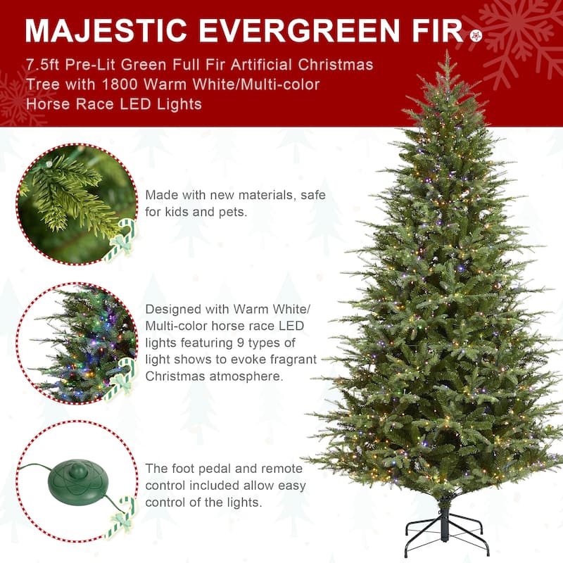 Glitzhome 7.5ft/9ft/11ft Pre-Lit Green Full Fir Artificial Christmas Tree with 1800/2450/3200 LEDs Simple Setup