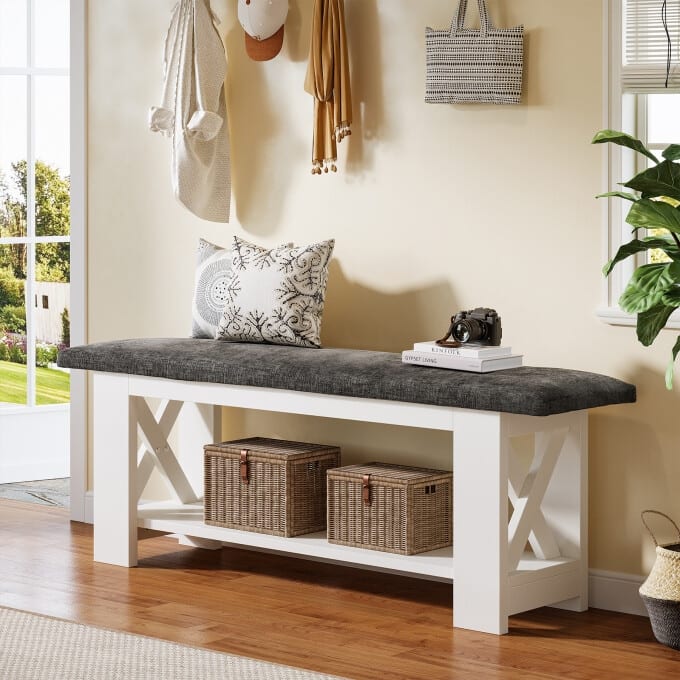 47.24" Entryway Shoe Storage Bench,End of Bed Bench with Cushion - Grey&White