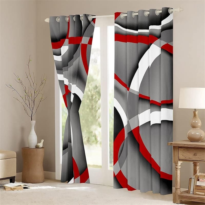 Red Geometric Grommet Curtains 42x84" Retro