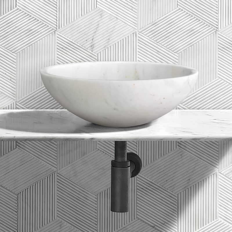 Roomfitters Round Marble Bathroom Vessel Sink, Natural Stone Countertop Wash Basin, Polished Bowl Vanity Sink - White+Natural